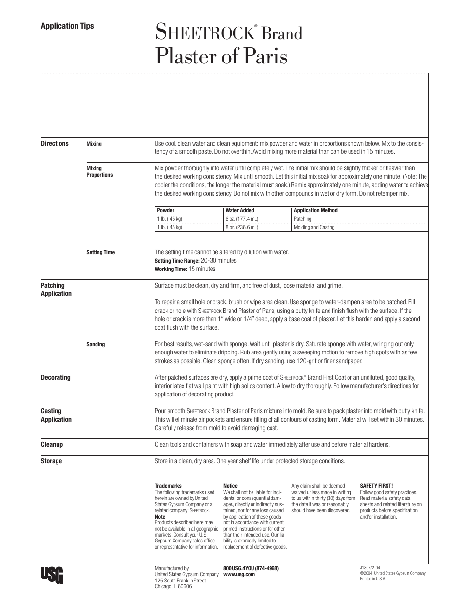 USG SHEETROCK Plaster of Paris User Manual | 1 page