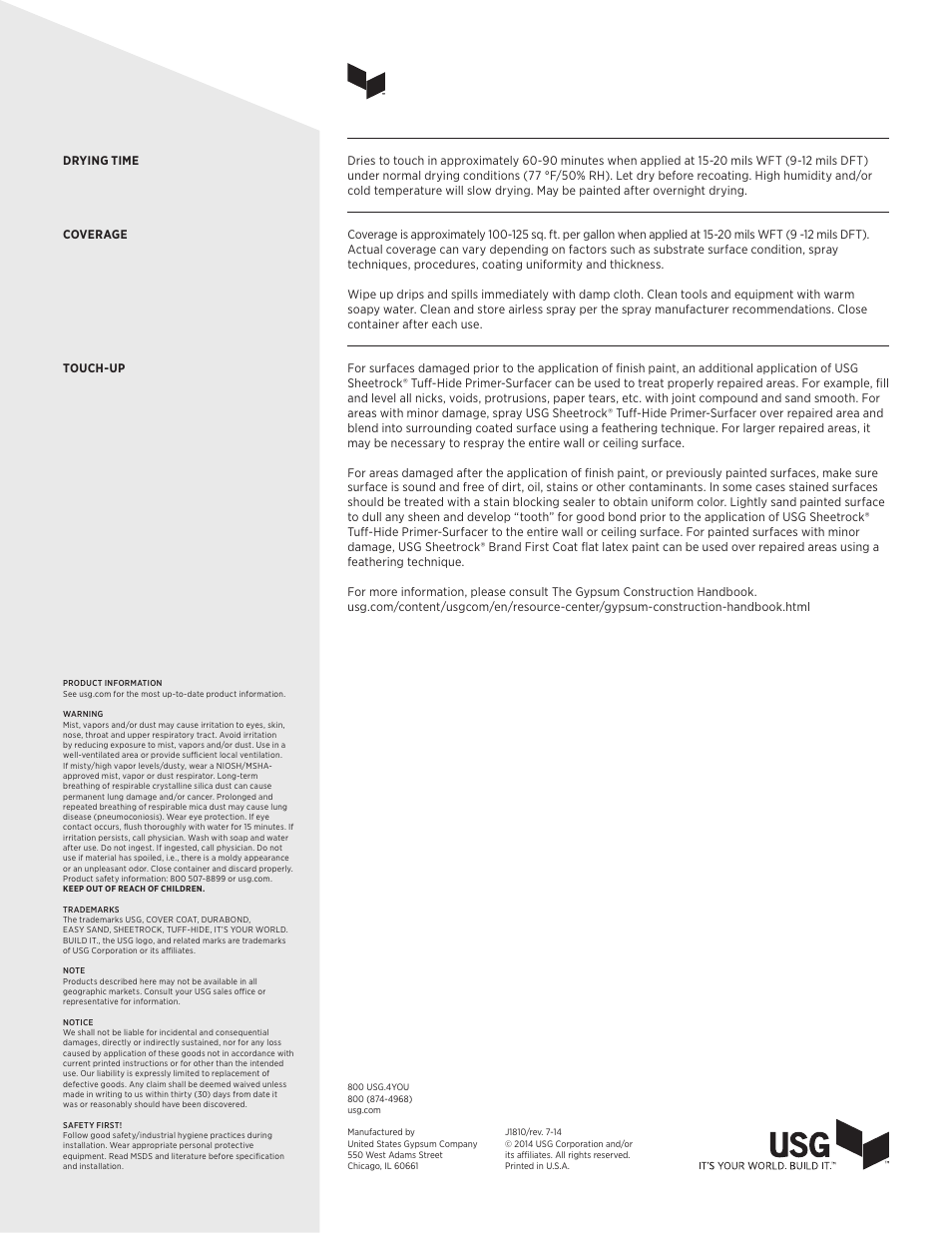 USG SHEETROCK Tuff-Hide Primer-Surfacer User Manual | Page 2 / 2