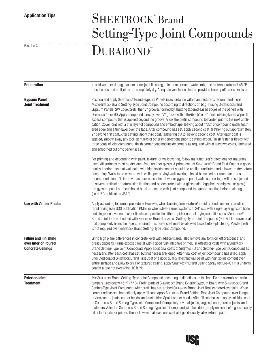 USG SHEETROCK Setting-Type Joint Compounds DURABOND User Manual | 3 pages