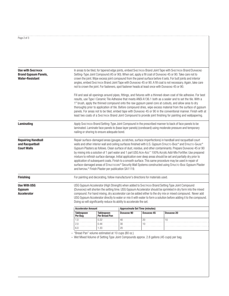 USG SHEETROCK Setting-Type Joint Compounds DURABOND User Manual | Page 2 / 3