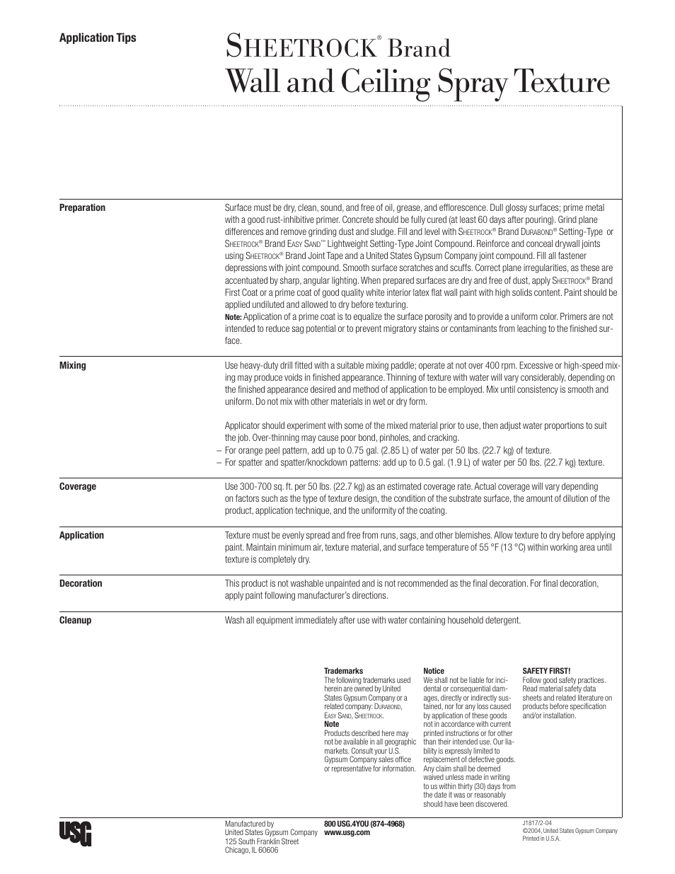 USG SHEETROCK Wall and Ceiling Spray Texture User Manual | 1 page