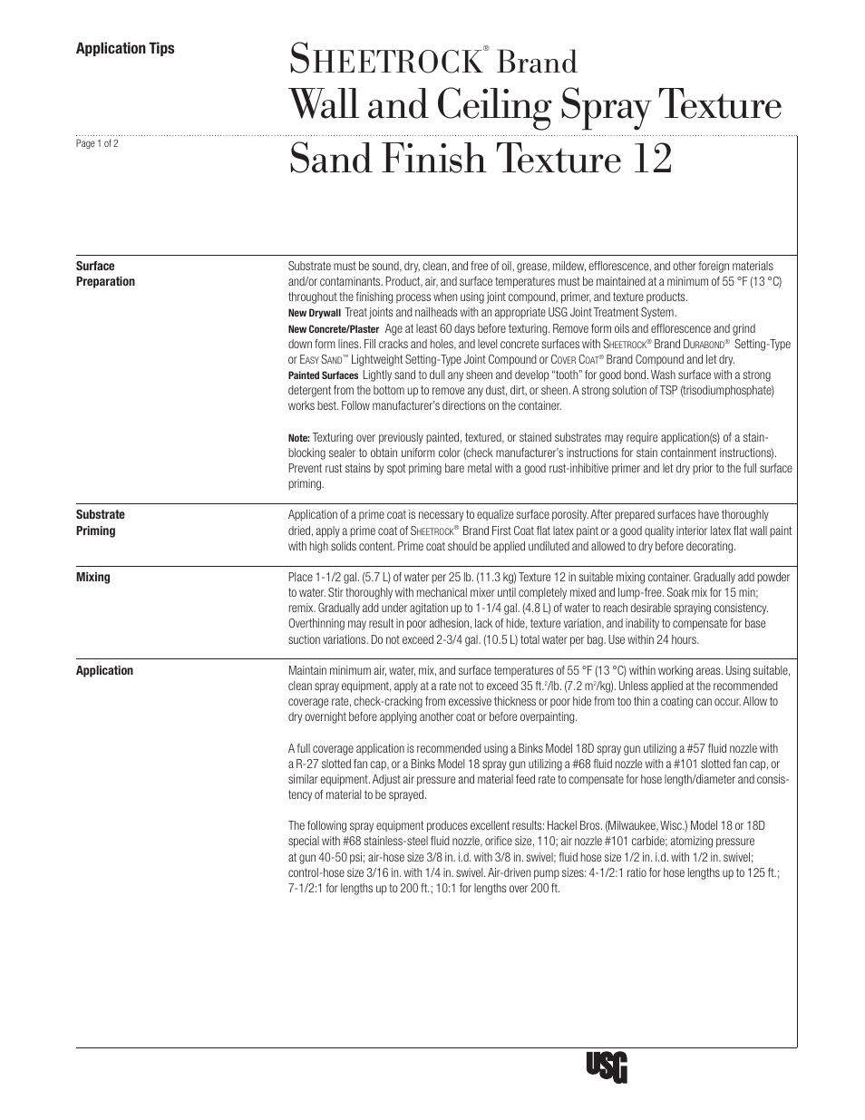 USG SHEETROCK Wall and Ceiling Spray Texture Sand Finish Texture 12 User Manual | 2 pages