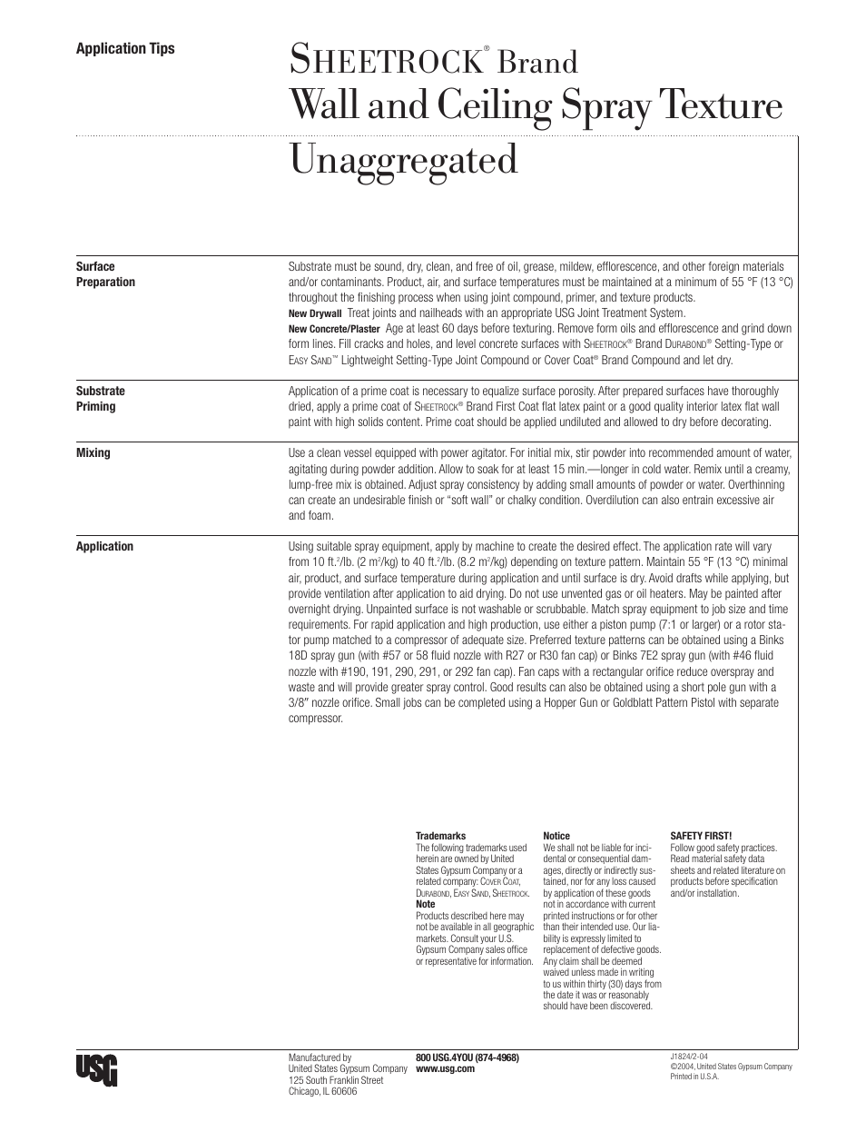 USG SHEETROCK Wall and Ceiling Spray Texture Unaggregated User Manual | 1 page