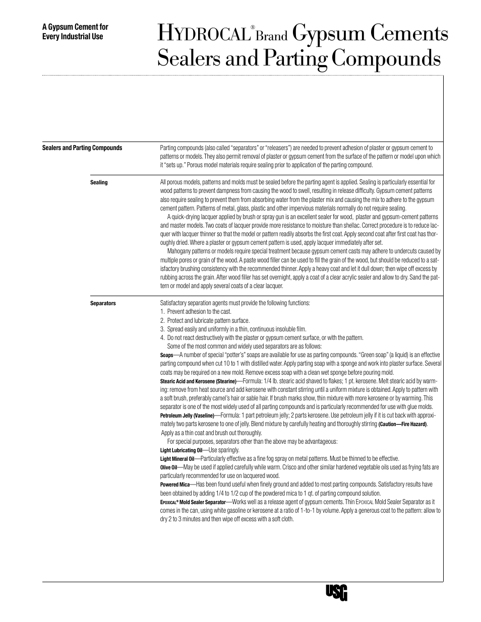 USG HYDROCAL Gypsum Cements Sealers and Parting Compounds User Manual | 2 pages