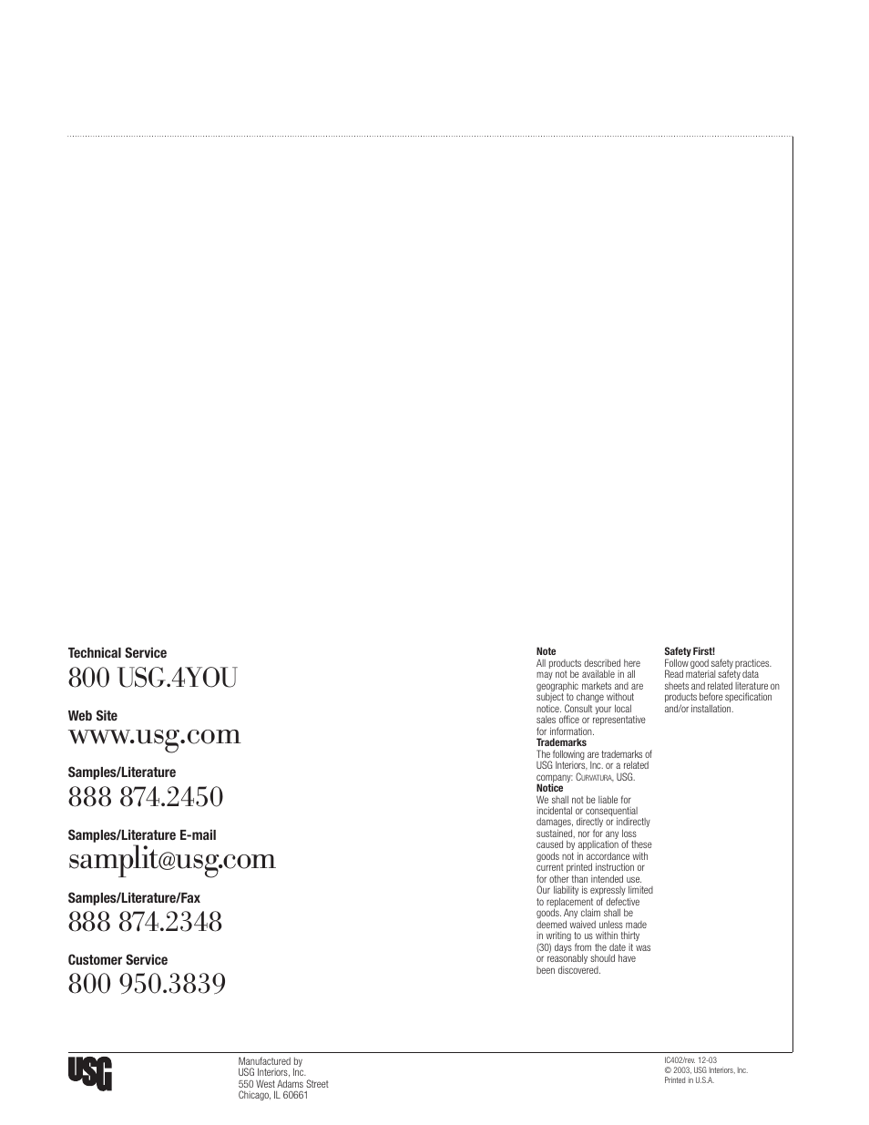 Samplit | USG One-Directional Curvatura 3-D System User Manual | Page 12 / 12