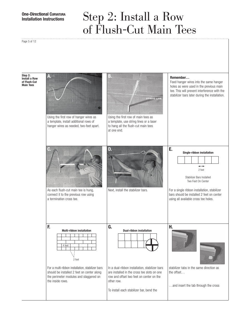 Step 2: install a row of flush-cut main tees | USG One-Directional Curvatura 3-D System User Manual | Page 5 / 12