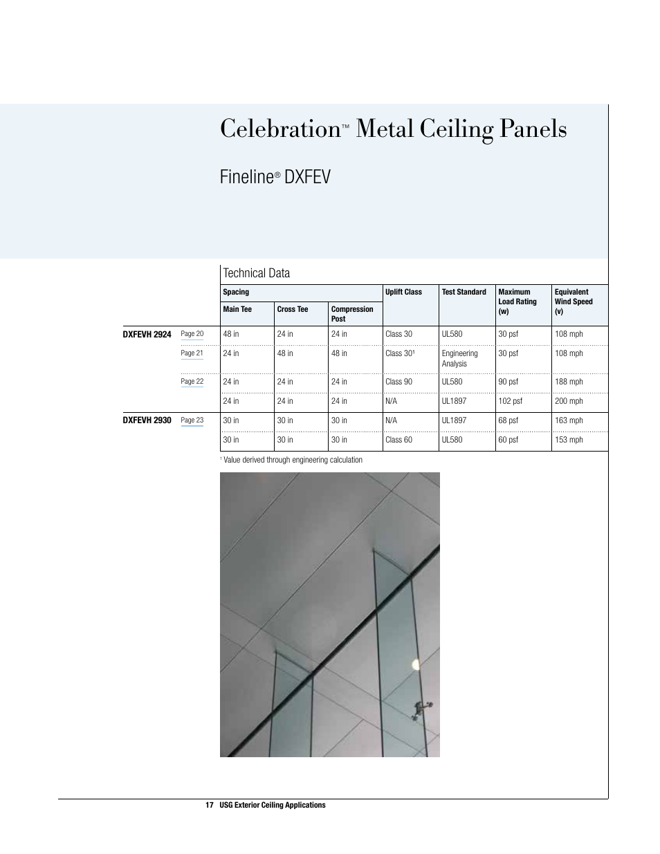 Elebration, Metal panel ceiling system, Celebration | Metal ceiling panels, Fineline, Dxfev, Technical data | USG Exterior Ceiling Applications Systems Guide User Manual | Page 18 / 49