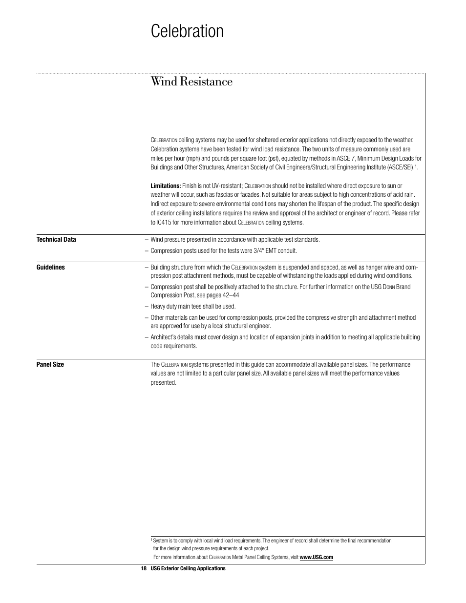 Celebration, Wind resistance | USG Exterior Ceiling Applications Systems Guide User Manual | Page 19 / 49