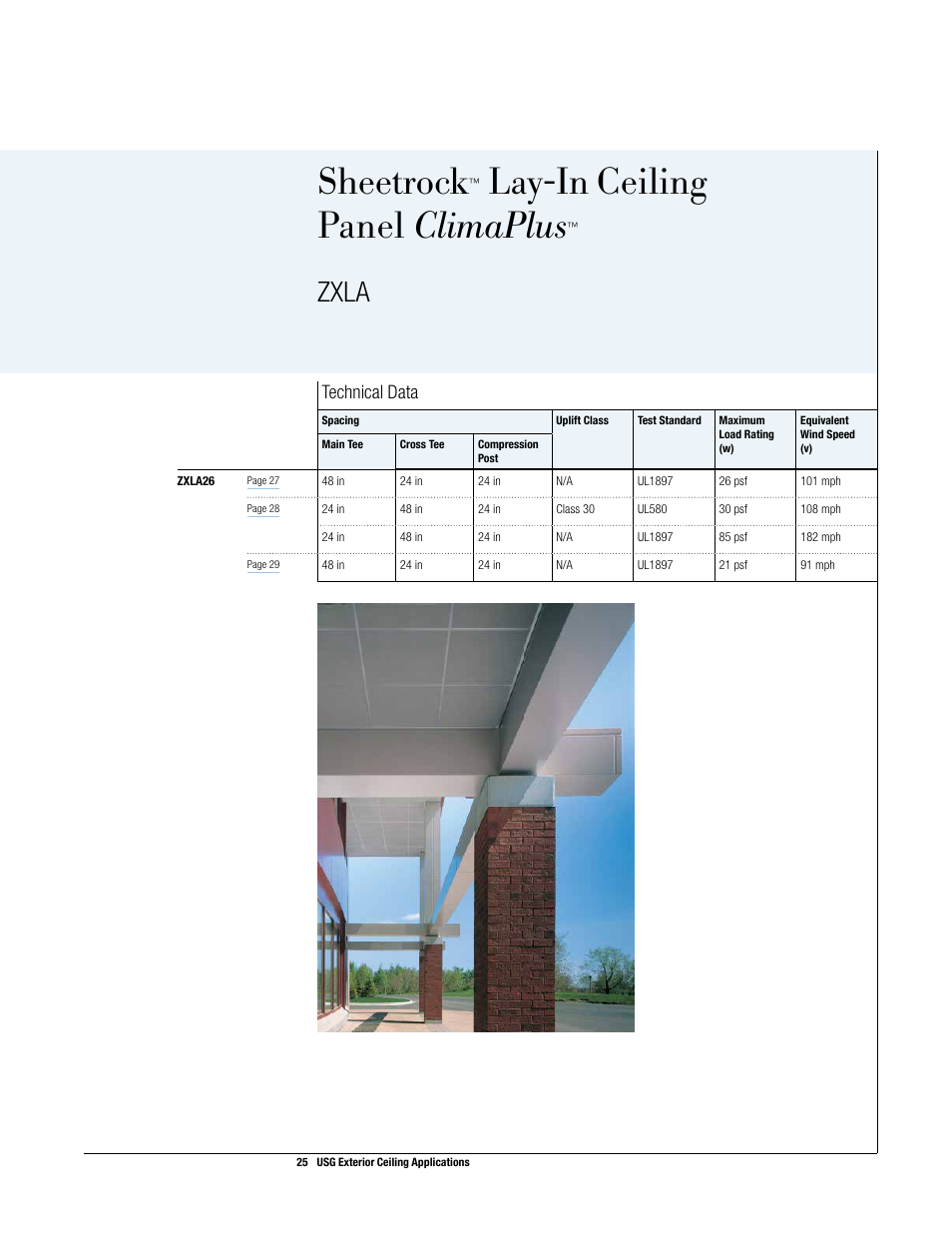 Zxla with s, Heetrock, Lay-in ceiling panel c | Lima, Sheetrock, Lay-in ceiling panel climaplus, Zxla, Technical data | USG Exterior Ceiling Applications Systems Guide User Manual | Page 26 / 49