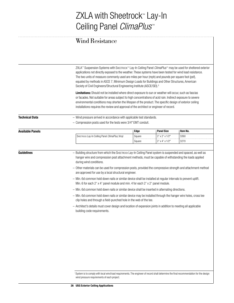 Zxla with sheetrock, Lay-in ceiling panel climaplus, Wind resistance | USG Exterior Ceiling Applications Systems Guide User Manual | Page 27 / 49