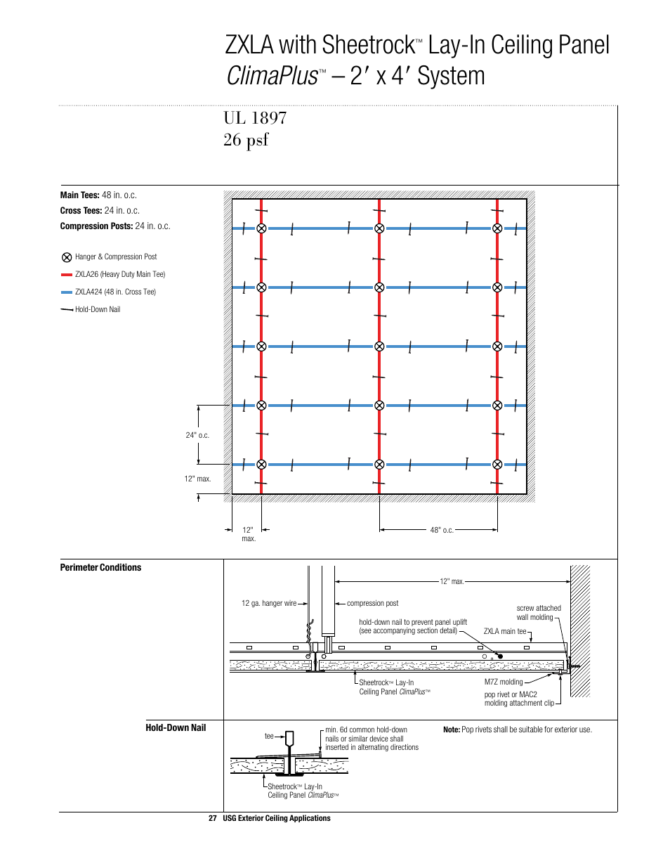 Zxla with sheetrock, Lay-in ceiling panel climaplus, 28 x 48 system | Ul 1897 | USG Exterior Ceiling Applications Systems Guide User Manual | Page 28 / 49