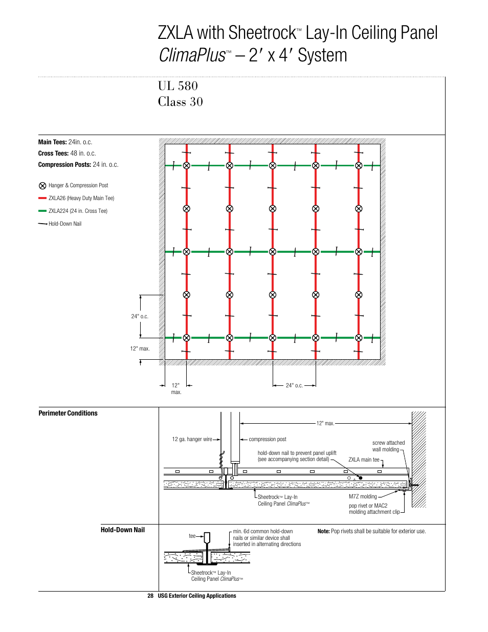 Zxla with sheetrock, Lay-in ceiling panel climaplus, 28 x 48 system | Class, Ul 580 | USG Exterior Ceiling Applications Systems Guide User Manual | Page 29 / 49