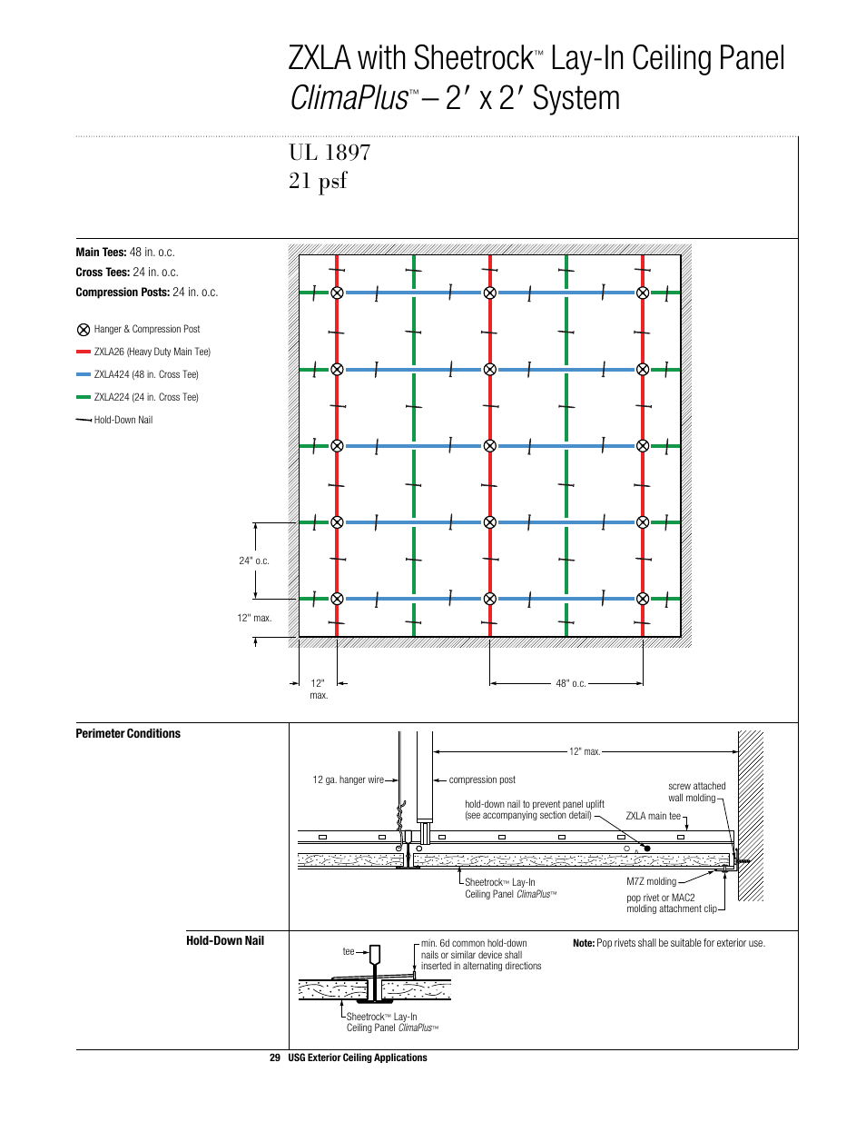 Zxla with sheetrock, Lay-in ceiling panel climaplus, 28 x 28 system | Ul 1897 | USG Exterior Ceiling Applications Systems Guide User Manual | Page 30 / 49