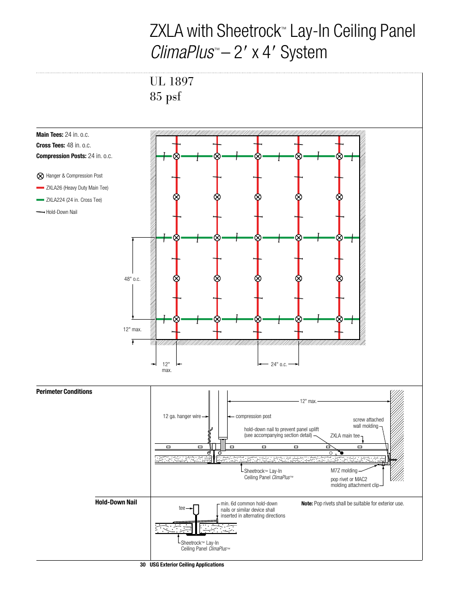 Zxla with sheetrock, Lay-in ceiling panel climaplus, 28 x 48 system | Ul 1897 | USG Exterior Ceiling Applications Systems Guide User Manual | Page 31 / 49