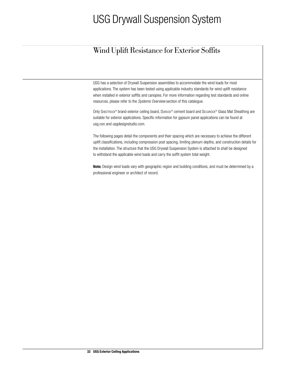 Usg drywall suspension system, Wind uplift resistance for exterior soffits | USG Exterior Ceiling Applications Systems Guide User Manual | Page 33 / 49