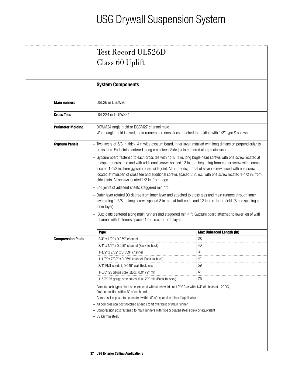 Usg drywall suspension system | USG Exterior Ceiling Applications Systems Guide User Manual | Page 38 / 49