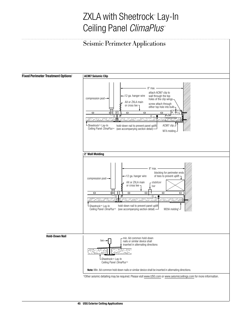 Zxla with sheetrock, Lay-in ceiling panel climaplus, Seismic perimeter applications | USG Exterior Ceiling Applications Systems Guide User Manual | Page 46 / 49