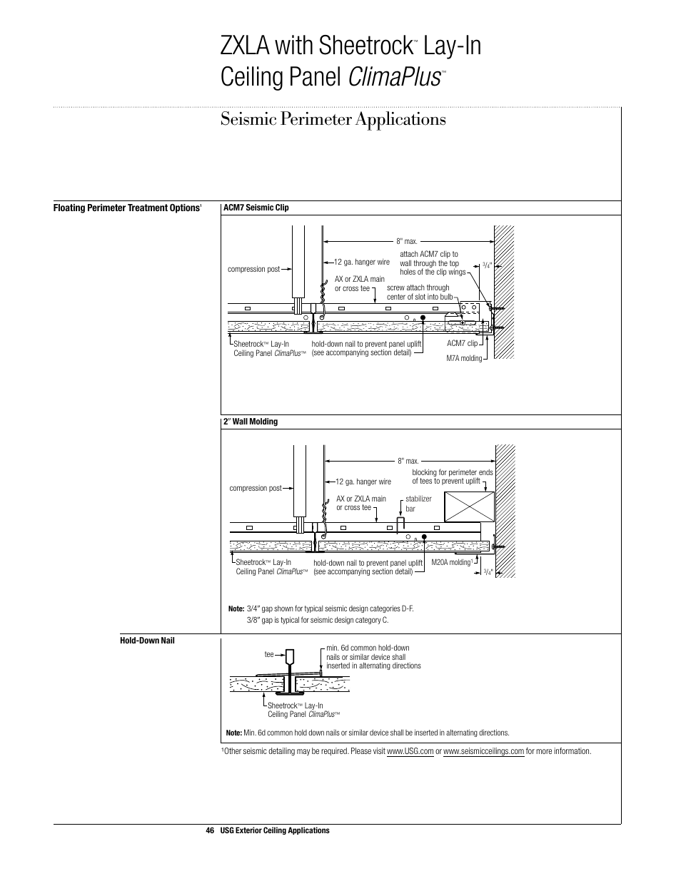 Zxla with sheetrock, Lay-in ceiling panel climaplus, Seismic perimeter applications | USG Exterior Ceiling Applications Systems Guide User Manual | Page 47 / 49