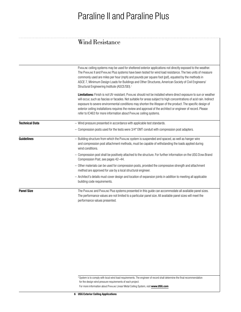 Paraline ii and paraline plus, Wind resistance | USG Exterior Ceiling Applications Systems Guide User Manual | Page 7 / 49