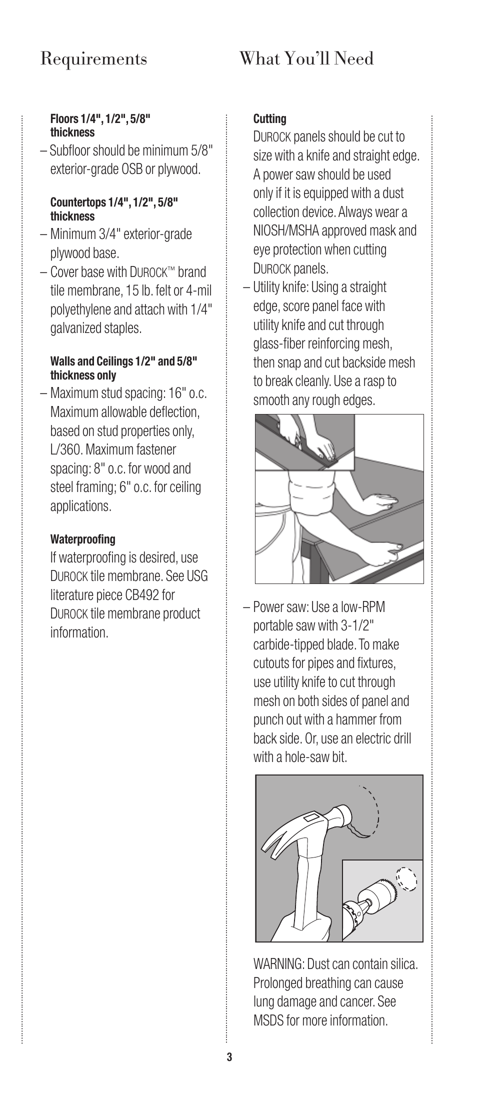 What you’ll need, Requirements, If waterproofing is desired, use d | Tile membrane product information | USG Durock Cement Board User Manual | Page 3 / 8