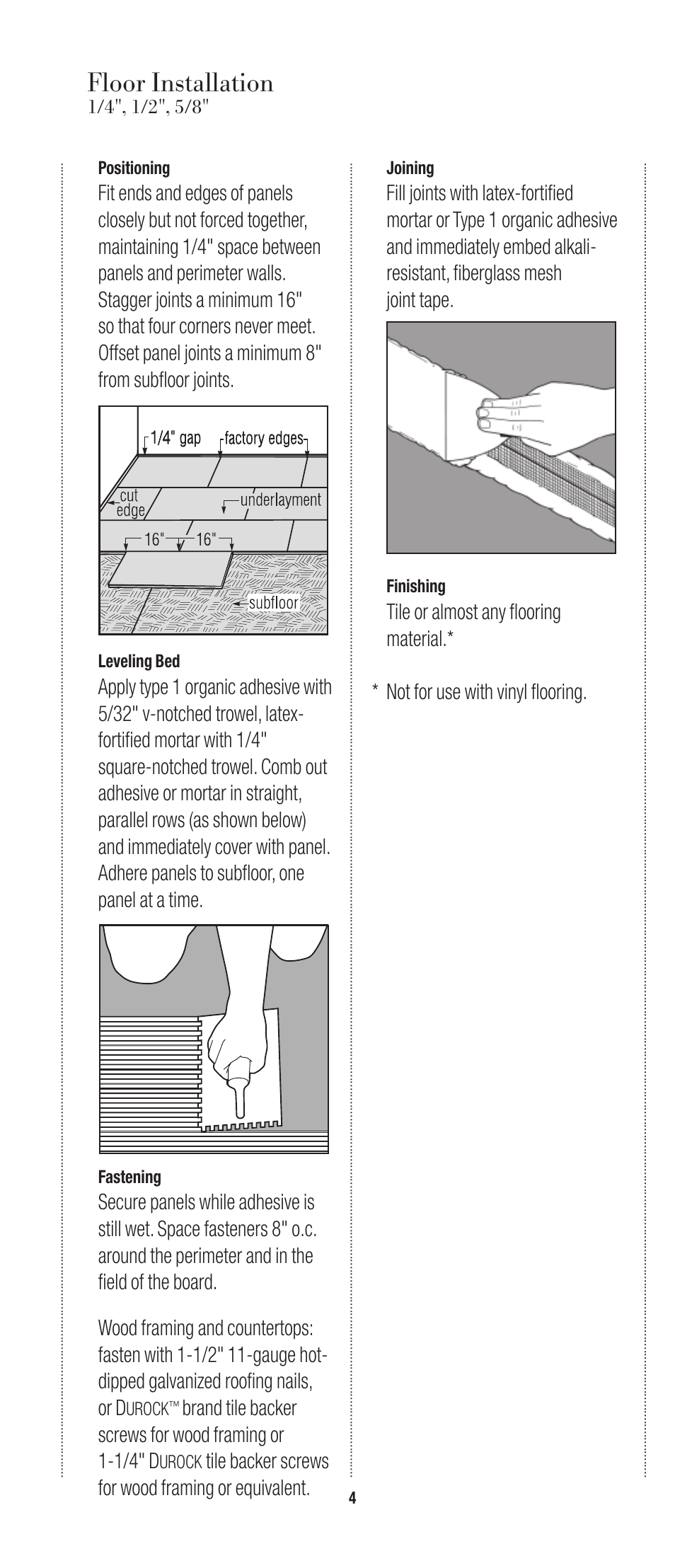 Floor installation, Tile backer screws for wood framing or equivalent | USG Durock Cement Board User Manual | Page 4 / 8