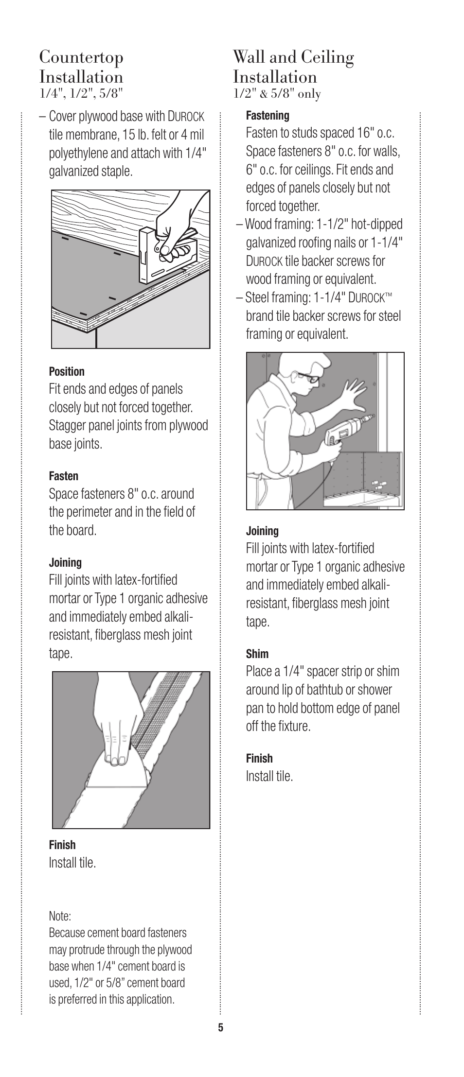 Countertop installation, Wall and ceiling installation, Cover plywood base with d | Install tile | USG Durock Cement Board User Manual | Page 5 / 8