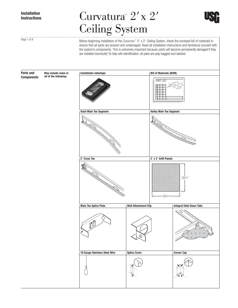 USG Curvatura 2x 2 Ceiling System User Manual | 8 pages