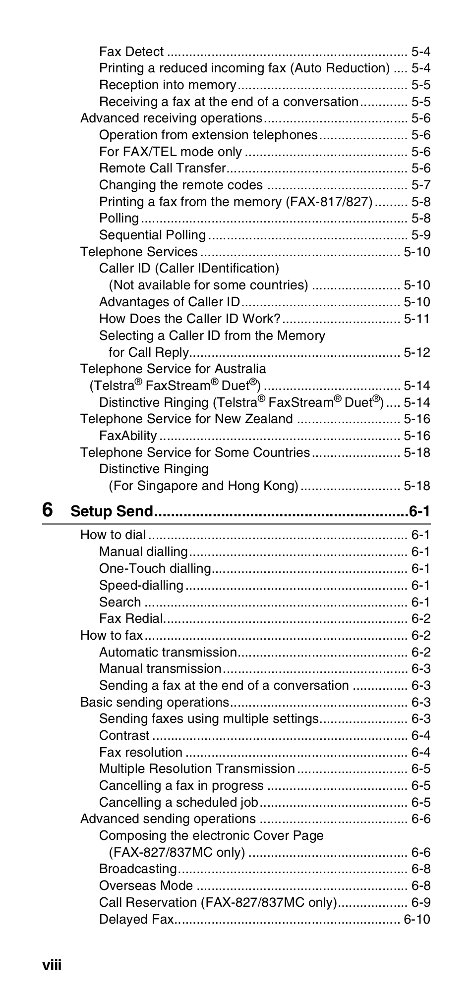 Viii, Setup send -1 | Brother FAX-837MC User Manual | Page 10 / 130