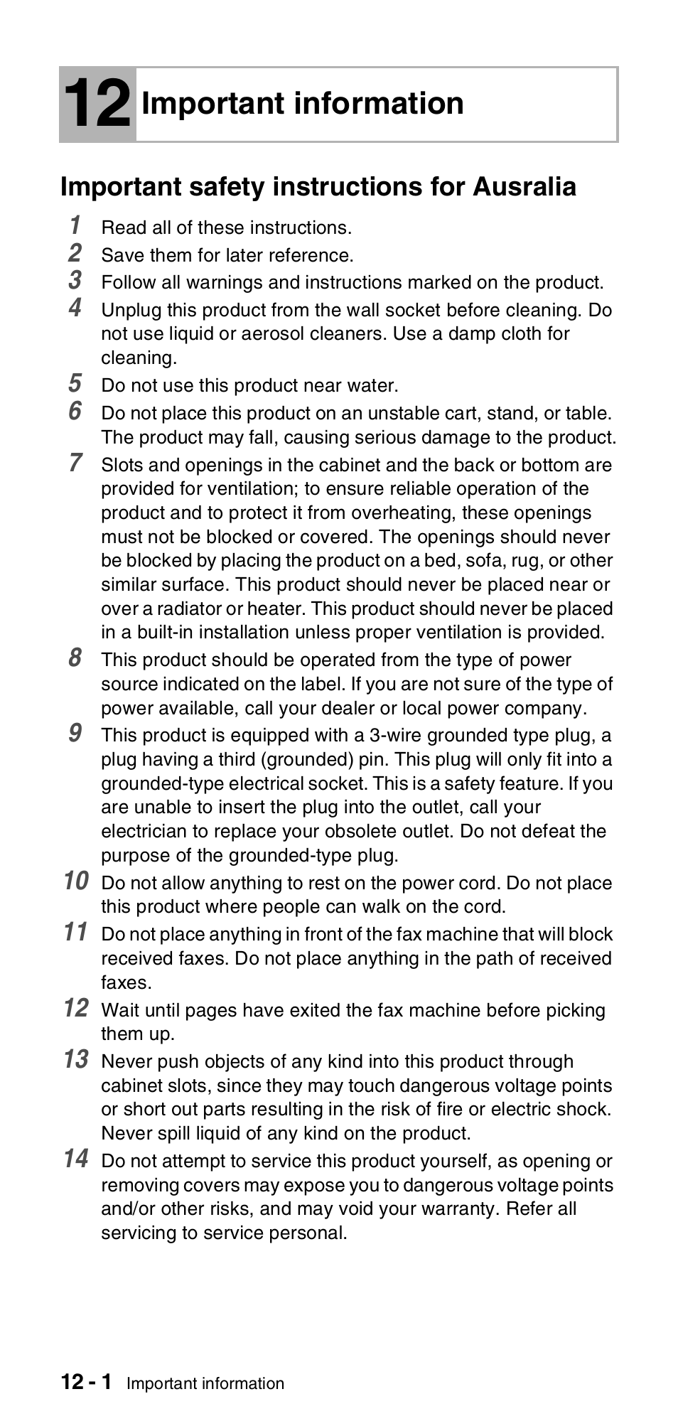 12 important information, Important safety instructions for ausralia, Important information -1 | Important safety instructions for ausralia -1, Important information | Brother FAX-837MC User Manual | Page 100 / 130