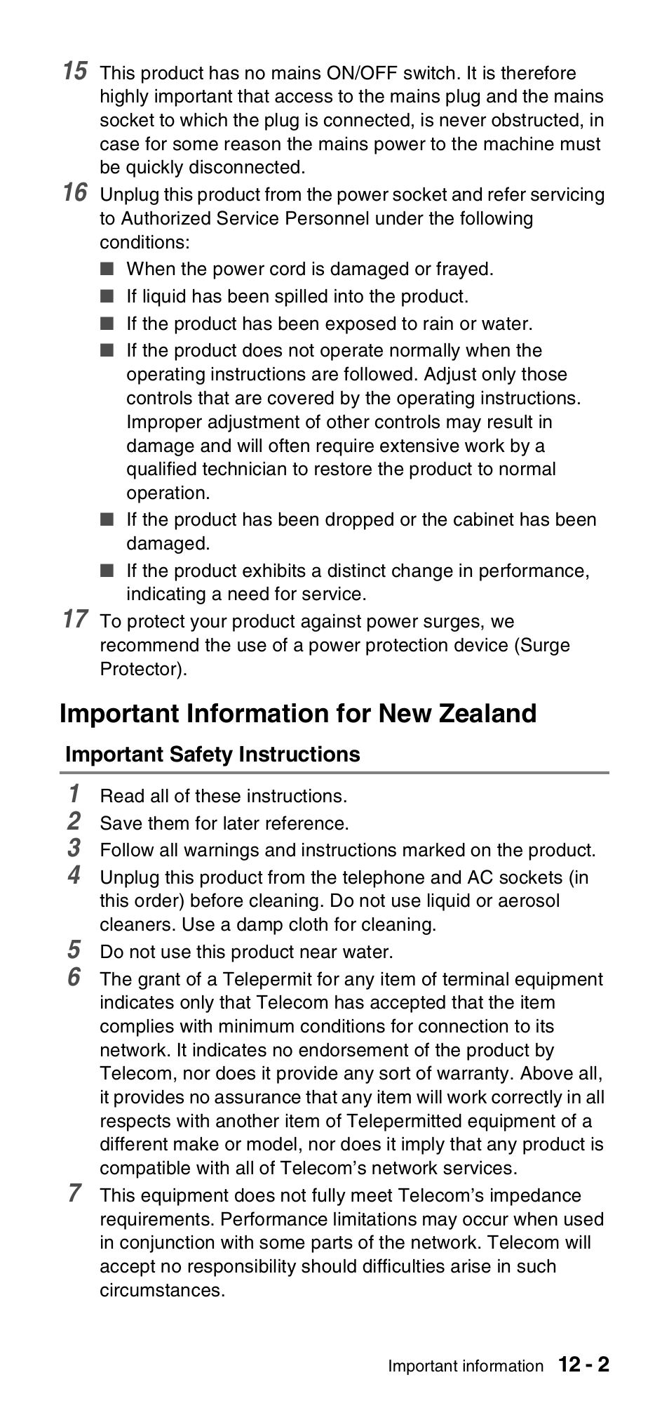 Important information for new zealand, Important safety instructions, Important information for new zealand -2 | Important safety instructions -2 | Brother FAX-837MC User Manual | Page 101 / 130