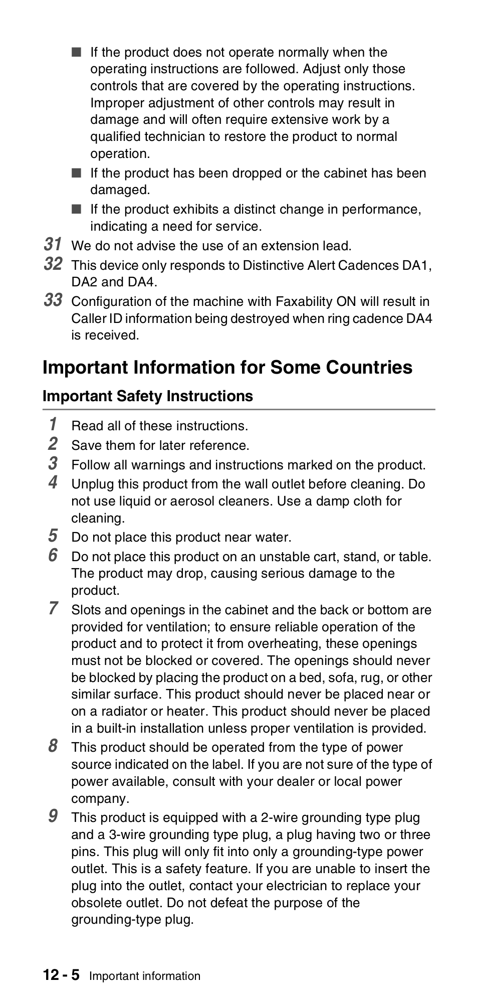 Important information for some countries, Important safety instructions, Important information for some countries -5 | Important safety instructions -5 | Brother FAX-837MC User Manual | Page 104 / 130