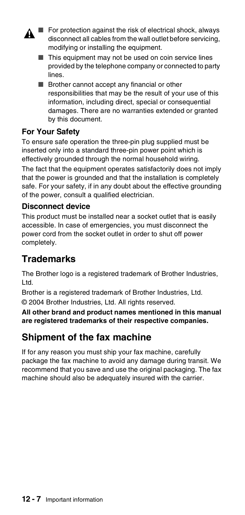 Trademarks, Shipment of the fax machine, Trademarks -7 shipment of the fax machine -7 | Brother FAX-837MC User Manual | Page 106 / 130