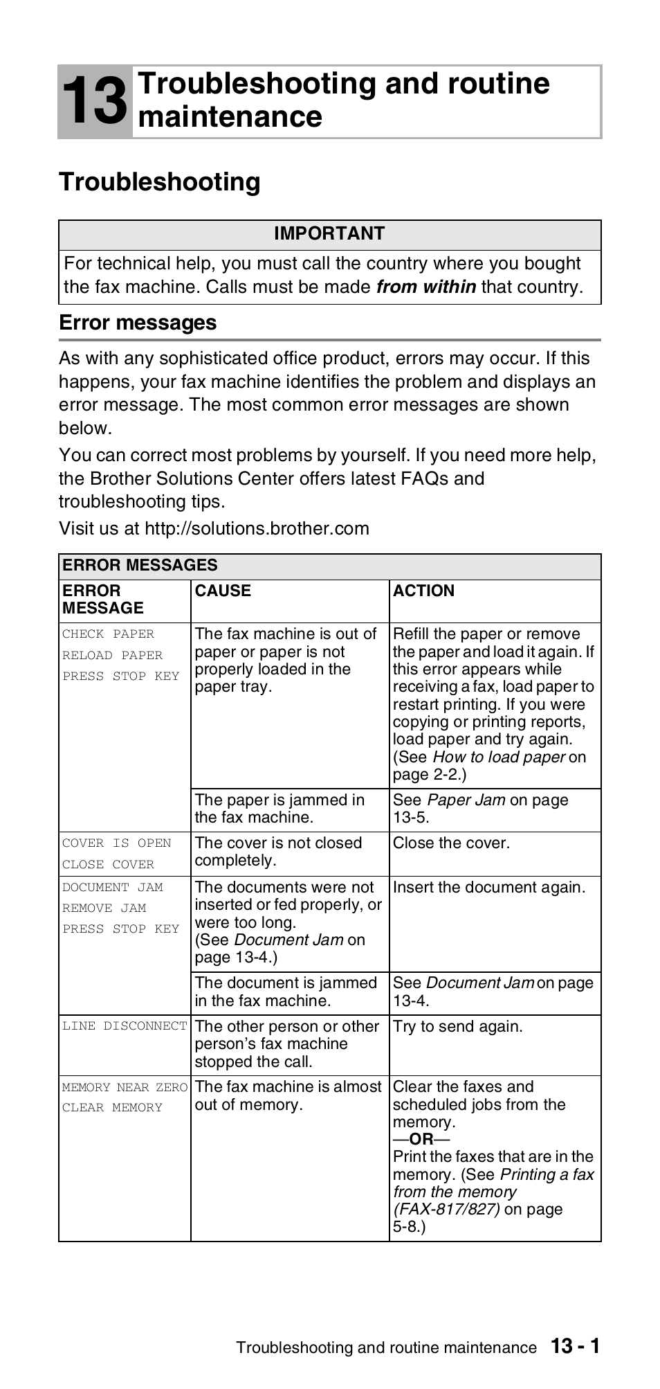 13 troubleshooting and routine maintenance, Troubleshooting, Error messages | Troubleshooting and routine maintenance -1, Troubleshooting -1, Error messages -1, Troubleshooting and routine maintenance | Brother FAX-837MC User Manual | Page 107 / 130