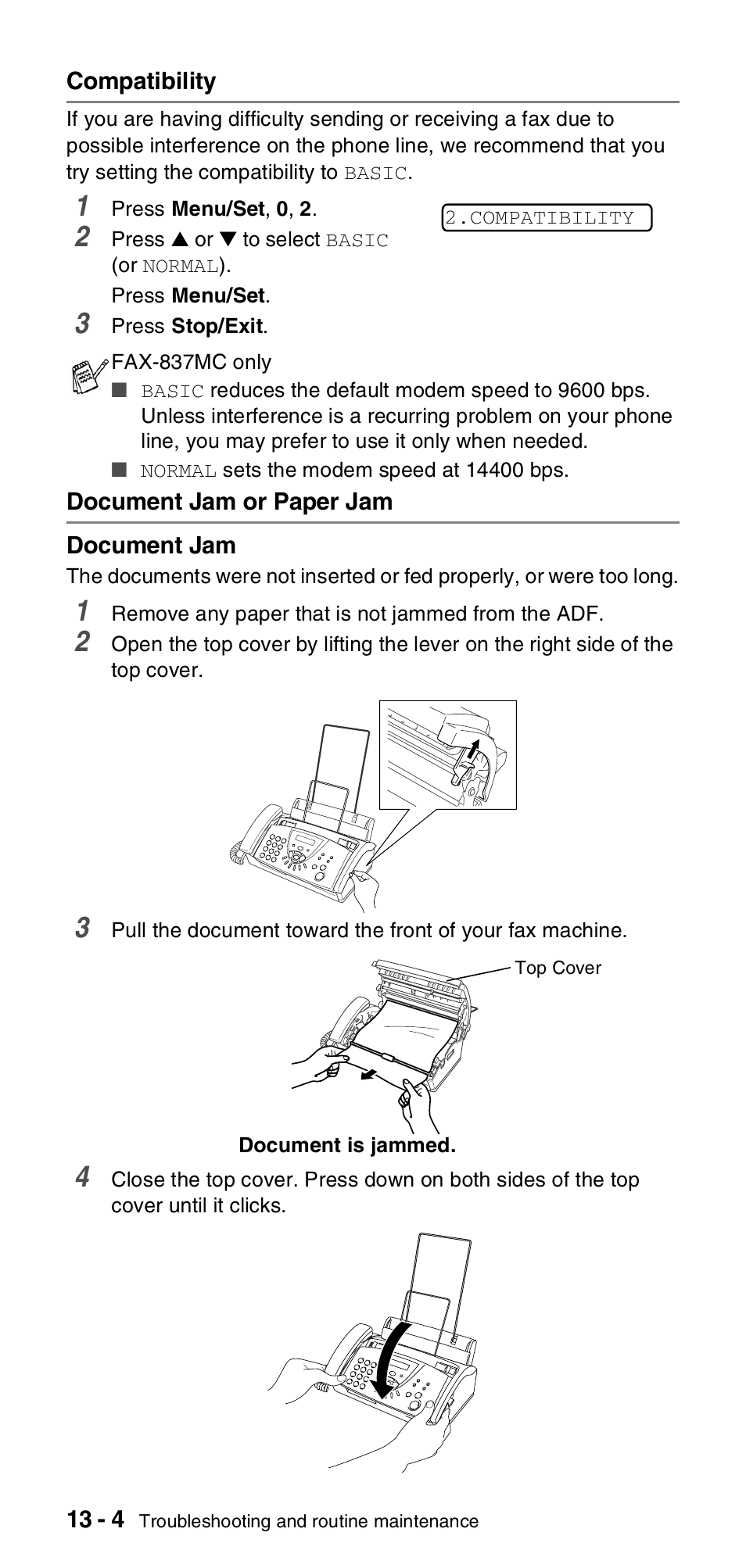 Compatibility, Document jam or paper jam, Compatibility -4 document jam or paper jam -4 | Brother FAX-837MC User Manual | Page 110 / 130