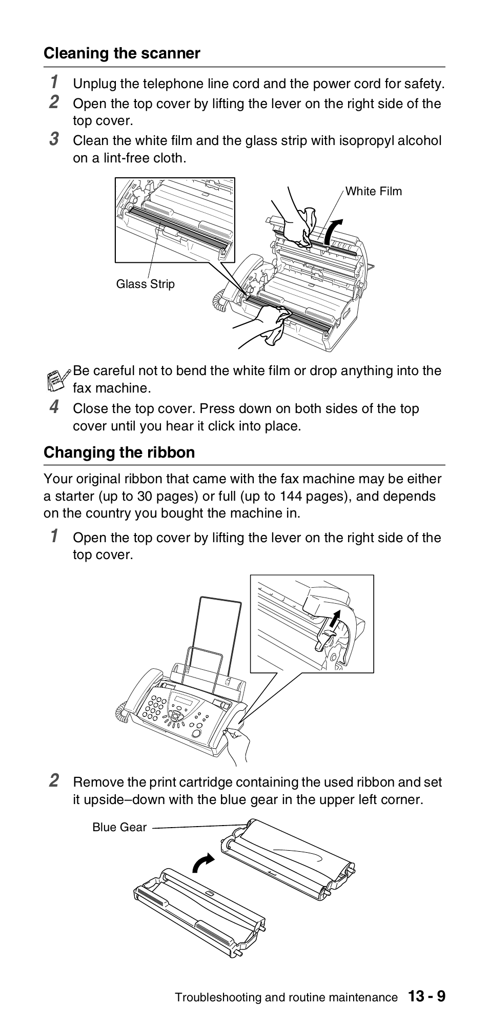 Cleaning the scanner, Changing the ribbon, Cleaning the scanner -9 changing the ribbon -9 | Brother FAX-837MC User Manual | Page 115 / 130