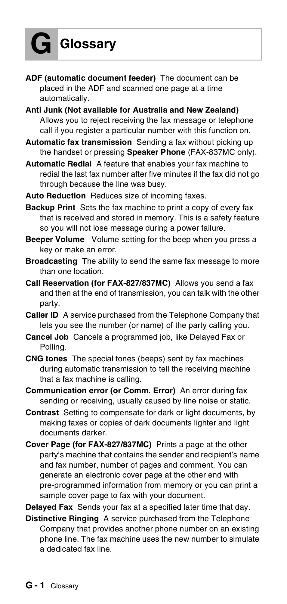 Glossary | Brother FAX-837MC User Manual | Page 118 / 130