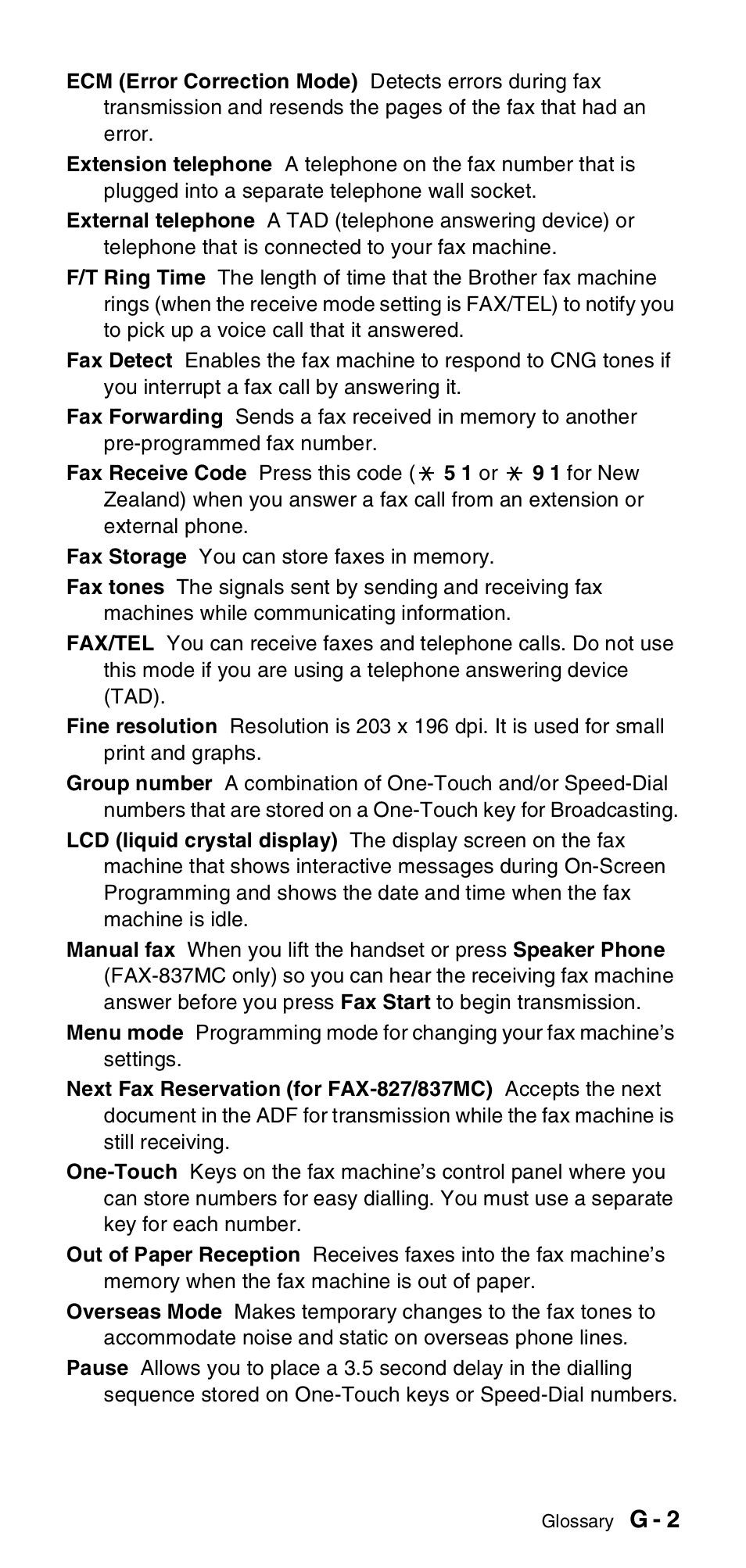 G - 2 | Brother FAX-837MC User Manual | Page 119 / 130