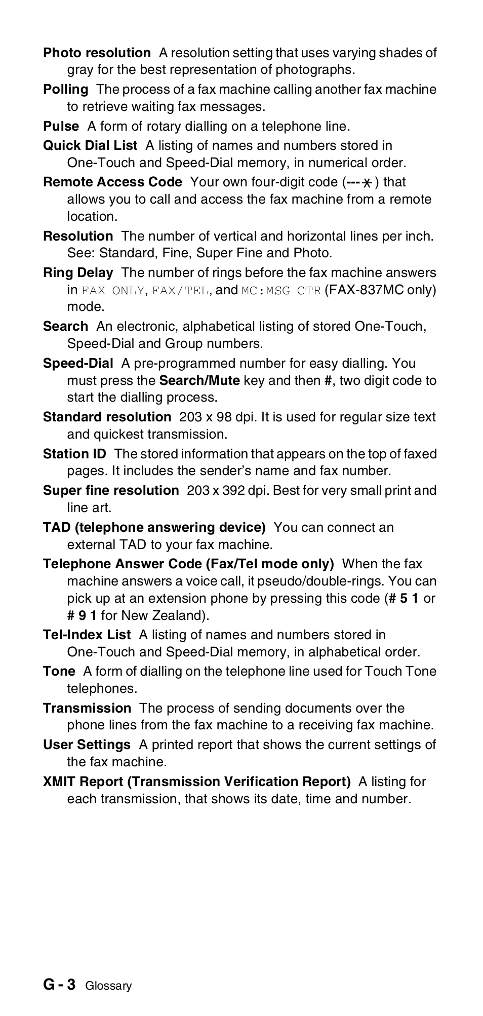 G - 3 | Brother FAX-837MC User Manual | Page 120 / 130