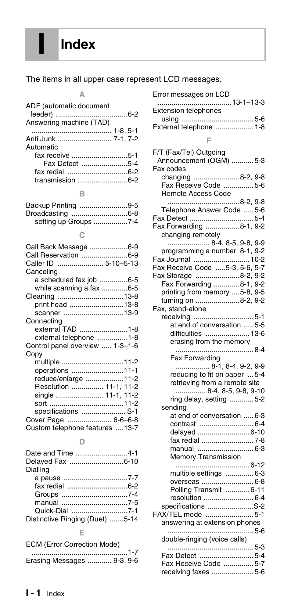 Index, I - 1 | Brother FAX-837MC User Manual | Page 124 / 130