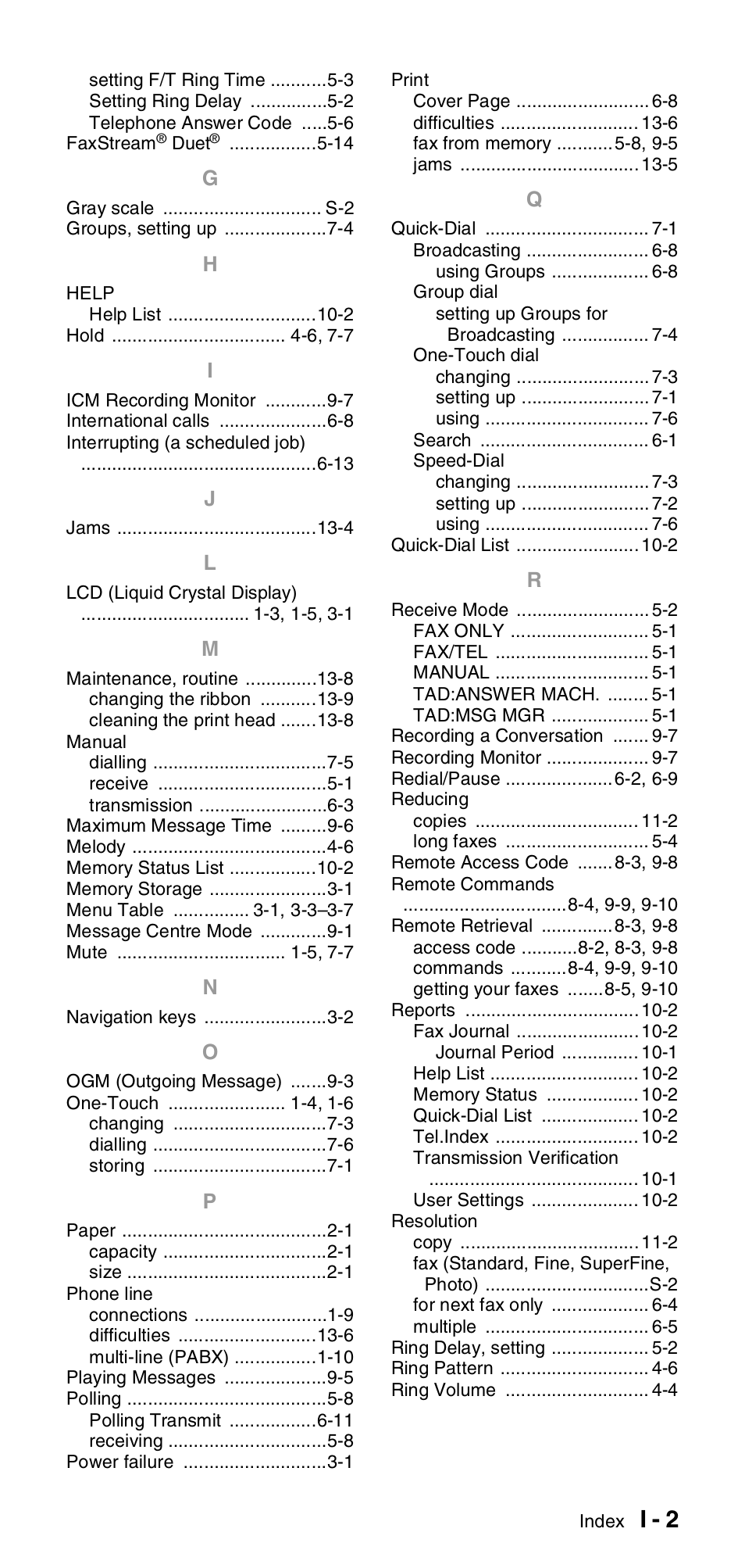 I - 2 | Brother FAX-837MC User Manual | Page 125 / 130