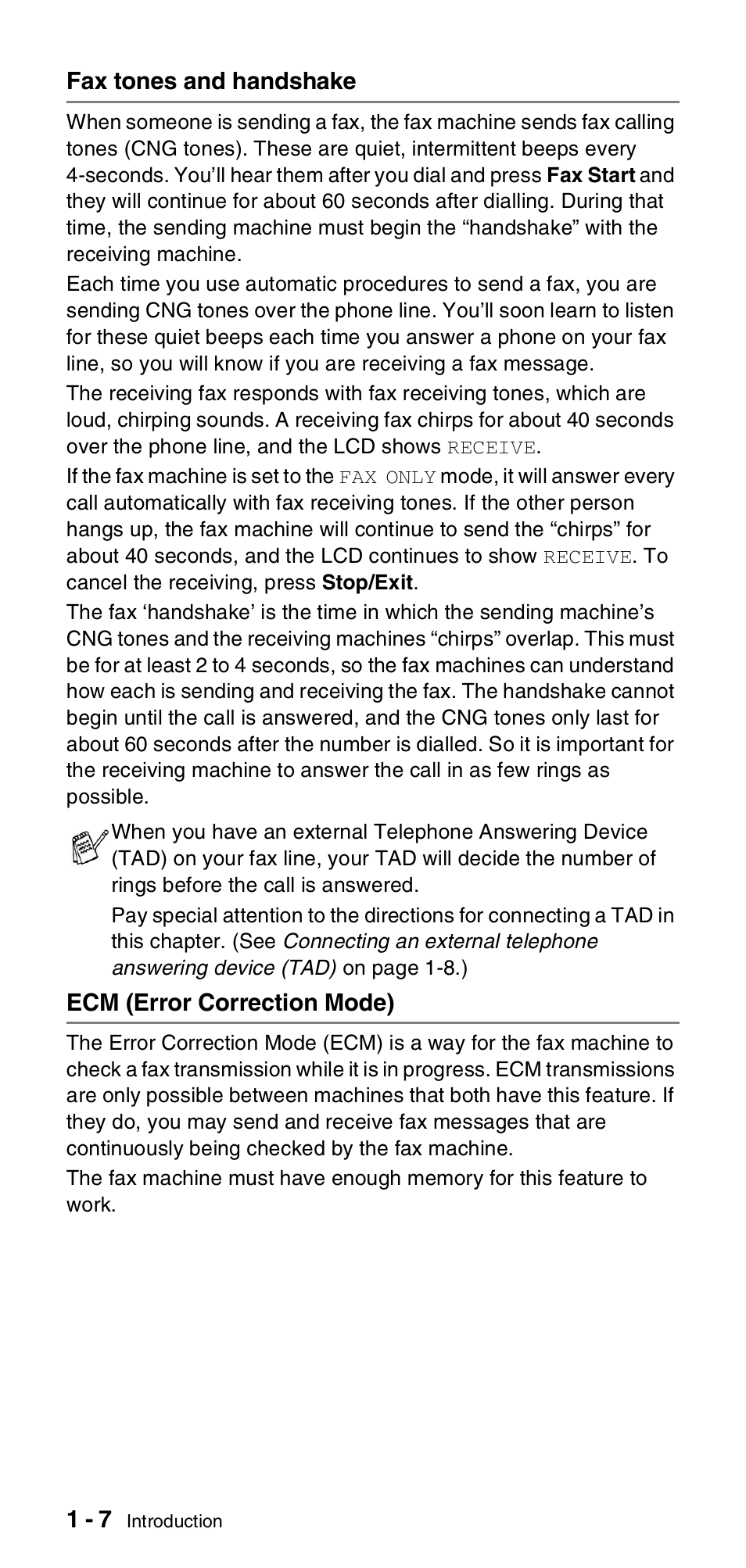 Fax tones and handshake, Ecm (error correction mode) | Brother FAX-837MC User Manual | Page 20 / 130