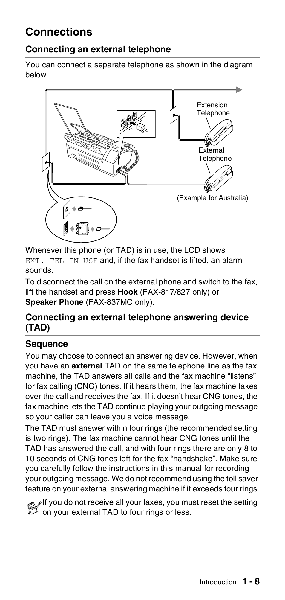 Connections, Connecting an external telephone, Connections -8 | Tad) -8 | Brother FAX-837MC User Manual | Page 21 / 130