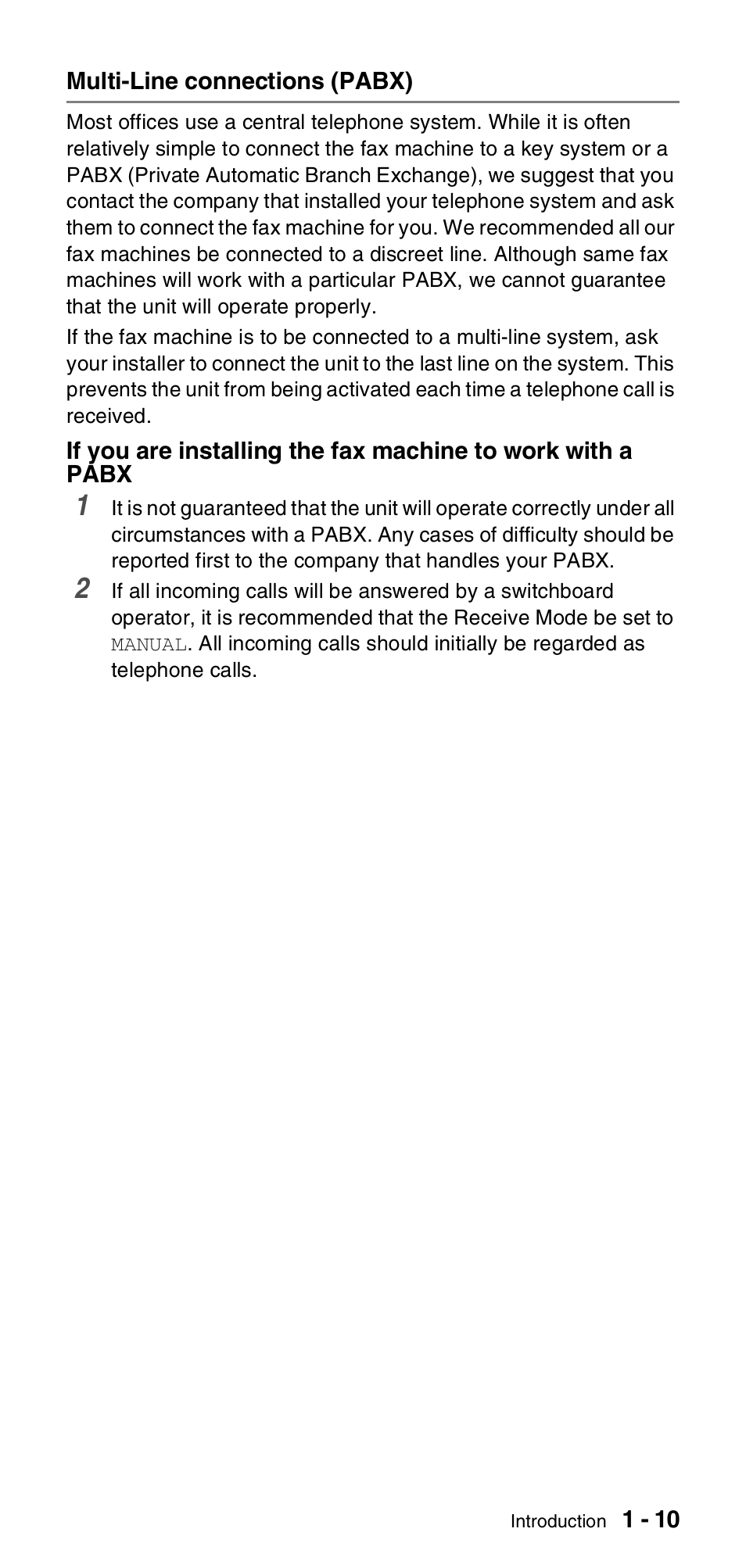 Multi-line connections (pabx), Multi-line connections (pabx) -10 | Brother FAX-837MC User Manual | Page 23 / 130