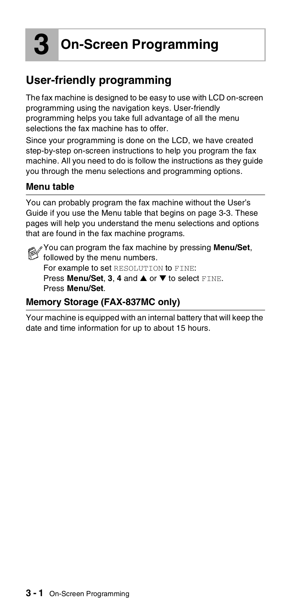 3 on-screen programming, User-friendly programming, Menu table | Memory storage (fax-837mc only), On-screen programming -1, User-friendly programming -1, Menu table -1 memory storage (fax-837mc only) -1, On-screen programming | Brother FAX-837MC User Manual | Page 26 / 130