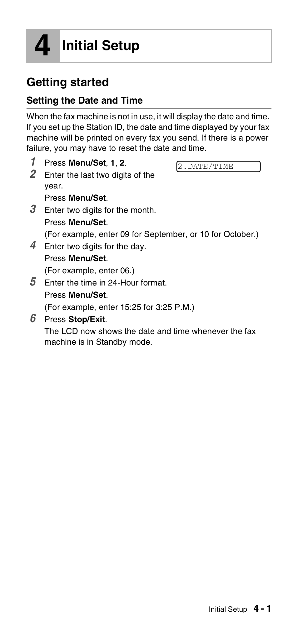 4 initial setup, Getting started, Setting the date and time | Initial setup -1, Getting started -1, Setting the date and time -1, Initial setup | Brother FAX-837MC User Manual | Page 33 / 130