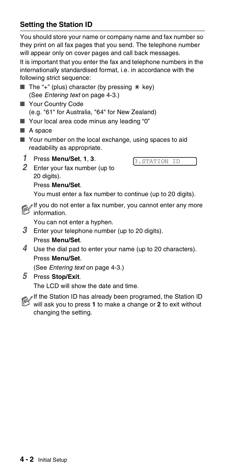 Setting the station id, Setting the station id -2 | Brother FAX-837MC User Manual | Page 34 / 130