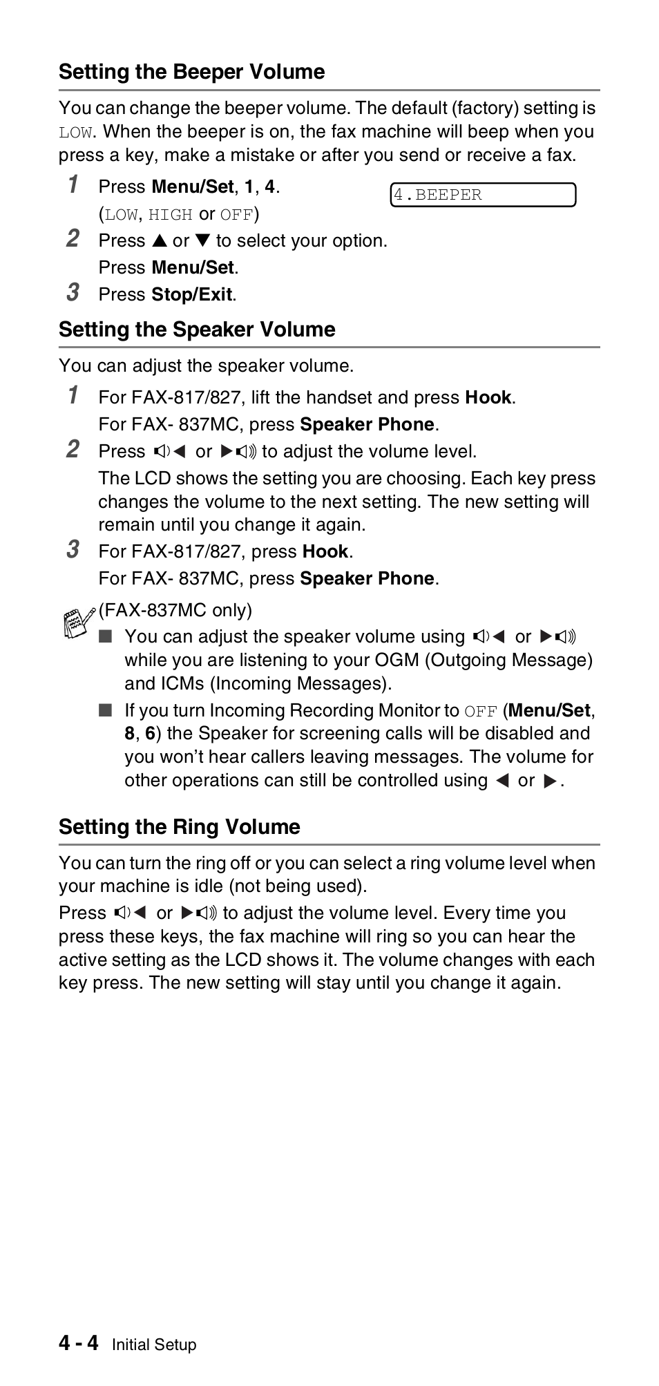 Setting the beeper volume, Setting the speaker volume, Setting the ring volume | Brother FAX-837MC User Manual | Page 36 / 130