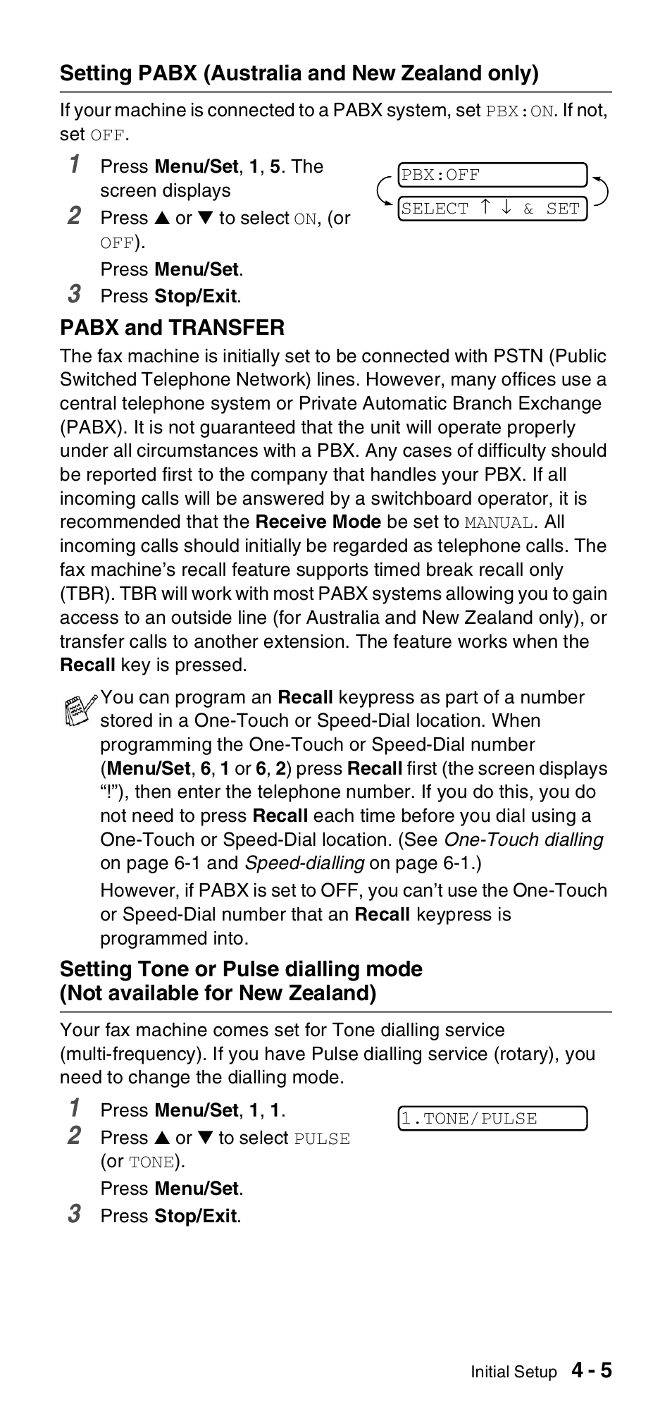 Setting pabx (australia and new zealand only), Not available for new zealand) -5 | Brother FAX-837MC User Manual | Page 37 / 130