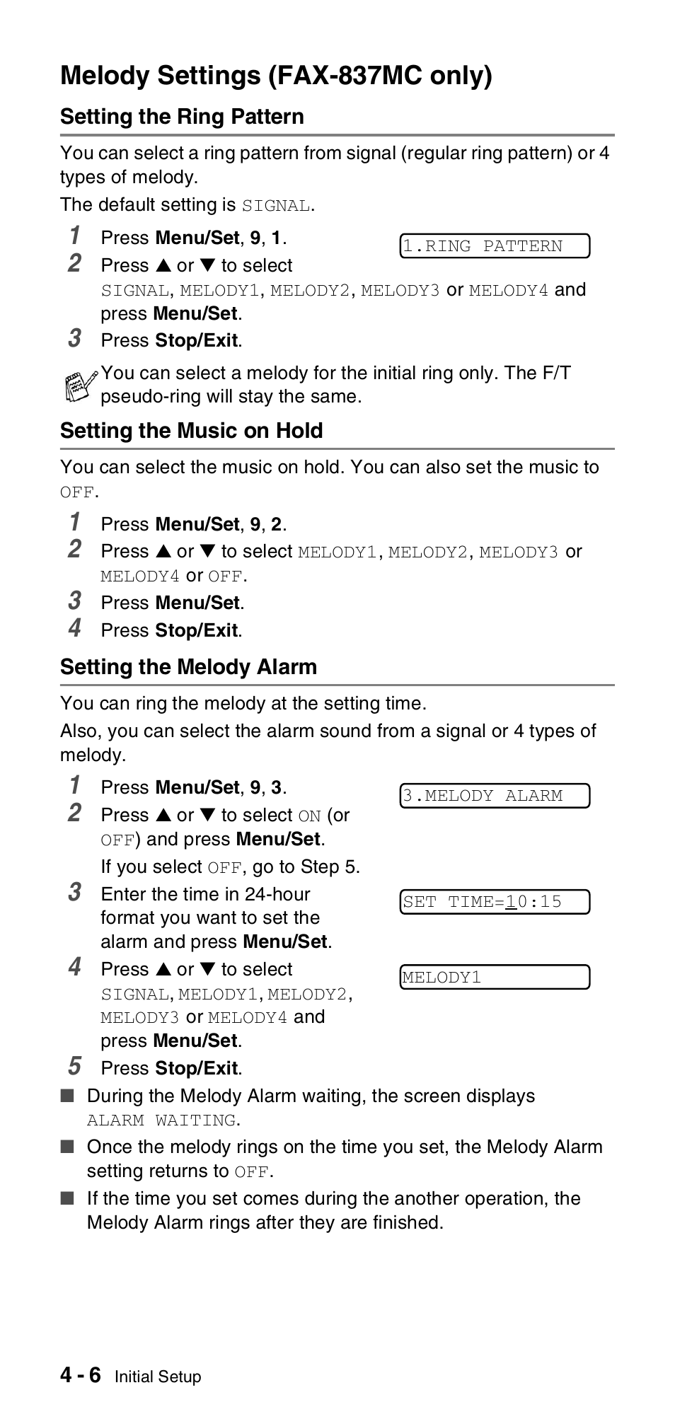 Melody settings (fax-837mc only), Setting the ring pattern, Setting the music on hold | Setting the melody alarm, Melody settings (fax-837mc only) -6 | Brother FAX-837MC User Manual | Page 38 / 130