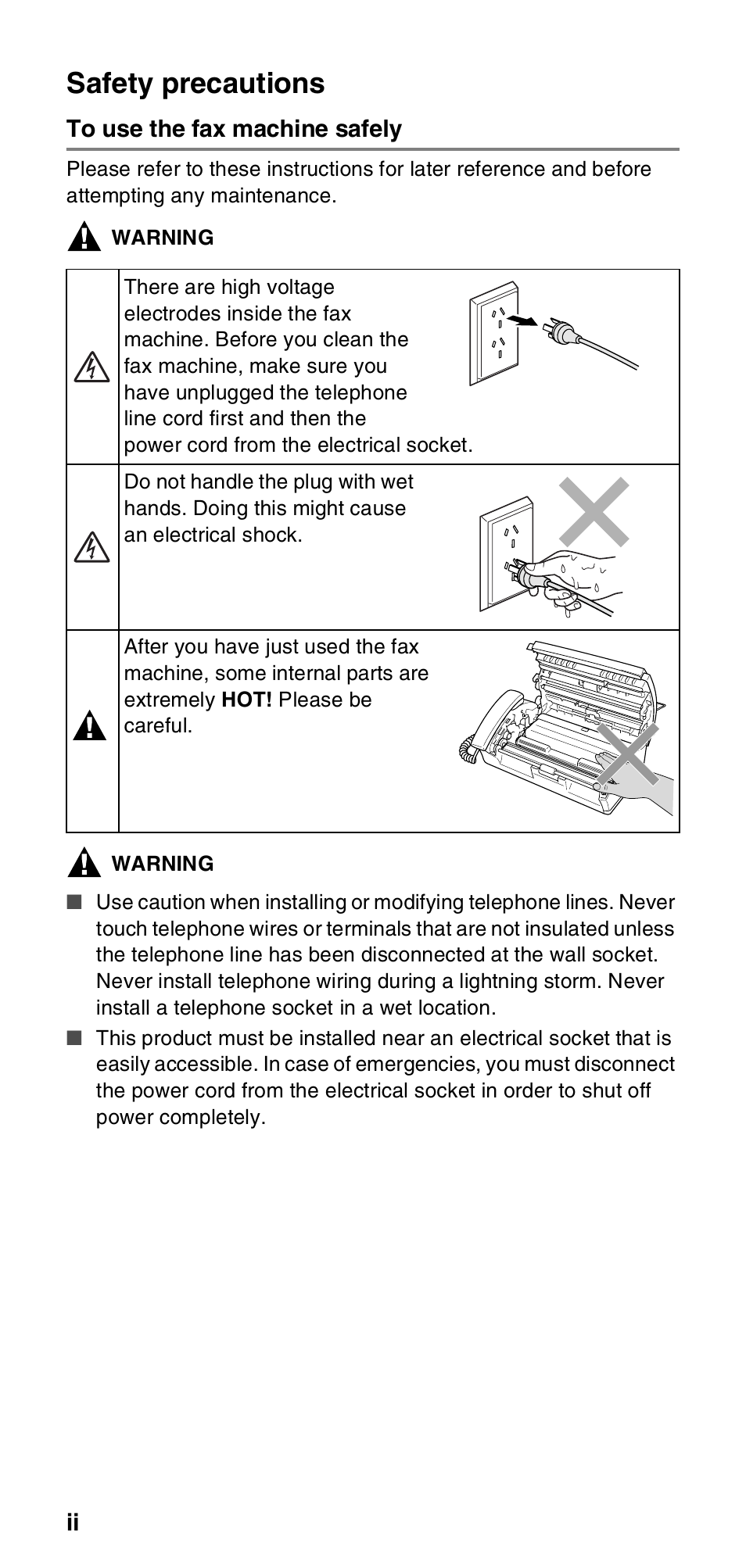 Safety precautions, To use the fax machine safely | Brother FAX-837MC User Manual | Page 4 / 130